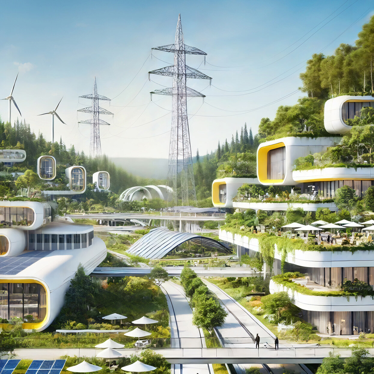 Eine futuristische Stadtlandschaft mit modernen, begrünten Gebäuden und Strommasten sowie Windkraftanlagen im Hintergrund, die Nachhaltigkeit symbolisieren.