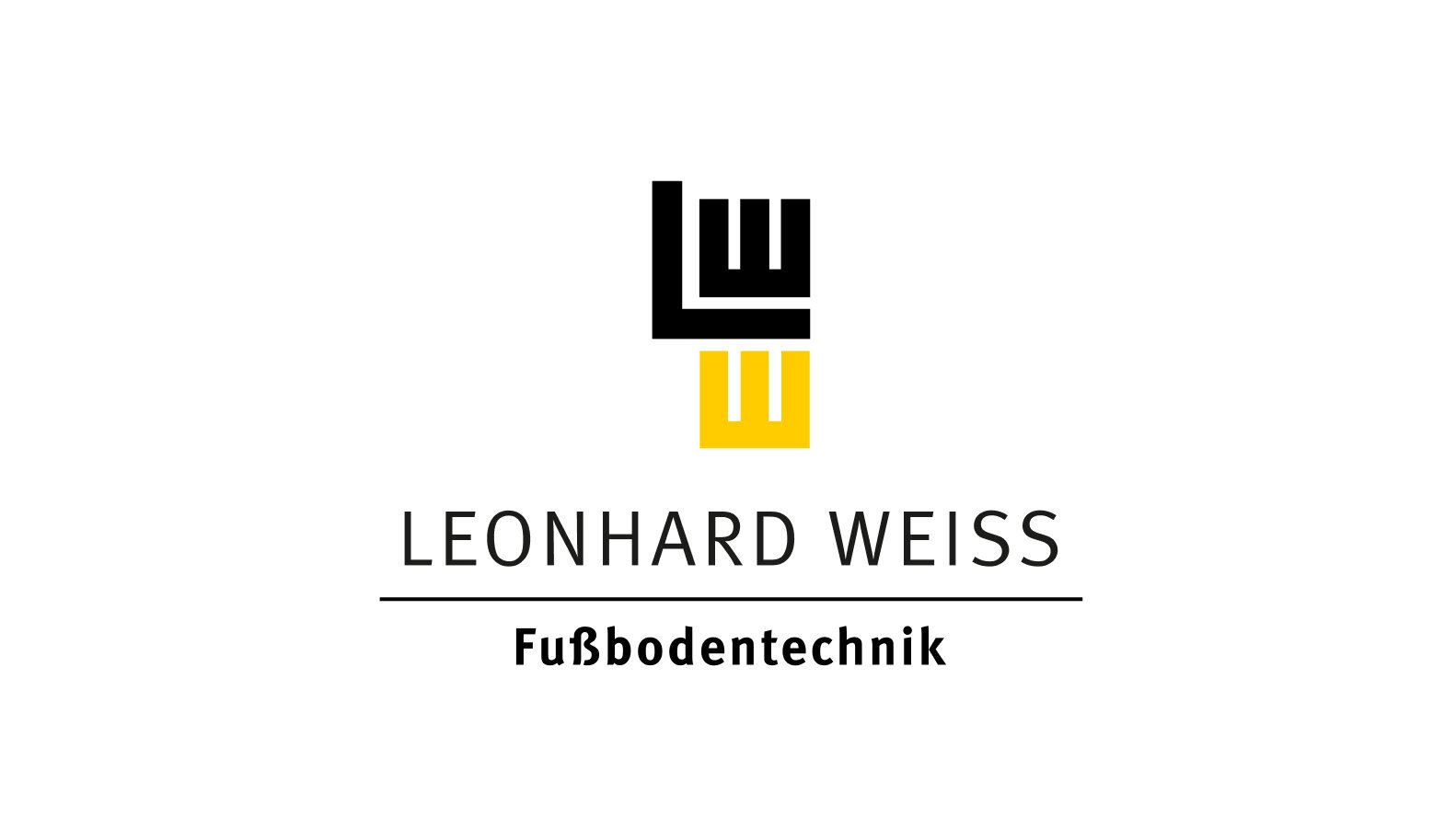 Das Logo von Leonhard Weiss zeigt stilisierte Buchstaben in Schwarz und Gelb, unterlegt mit dem Schriftzug für Fußbodentechnik.