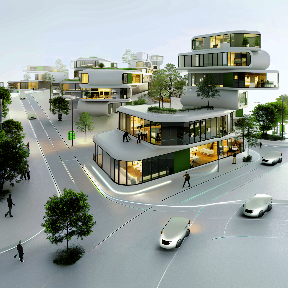 Moderne Gebäude mit geschwungenen Formen und großen Fenstern, umgeben von Bäumen und Fußgängern auf einer hellen Straße.