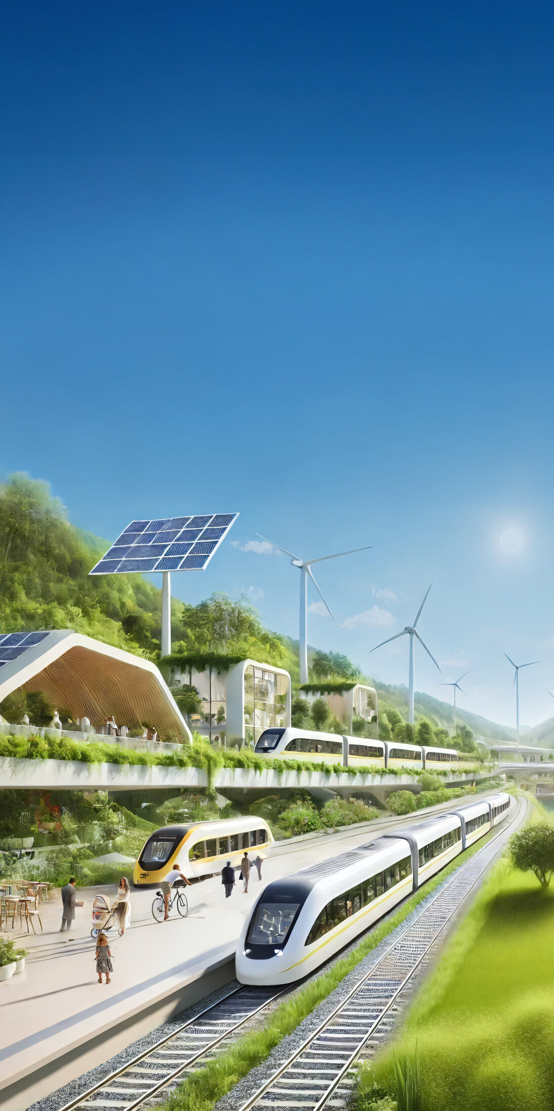 Eine moderne Zugstation in einer grünen Landschaft, umgeben von Windkraftanlagen und Solarpanelen unter einem klaren Himmel.