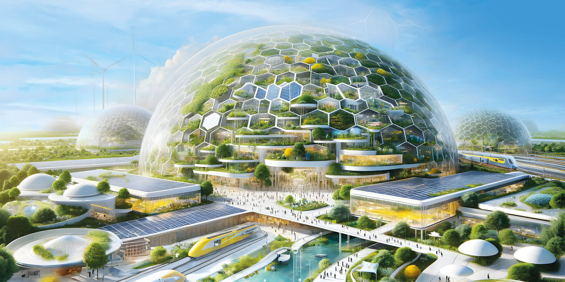 Eine futuristische Stadtlandschaft mit gewaltigen, bienenwabenförmigen Kuppeln, umgeben von üppigem Grün und modernen Gebäuden.