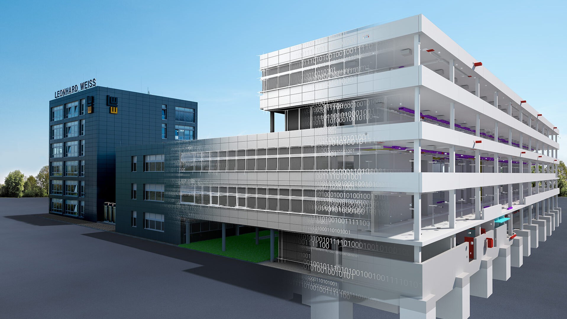 Visualisierung eines Bürogebäudes von Leonhard Weiss. Links das bestehende Verwaltungsgebäude, rechts ein digital dargestellter Neubau mit teilweise transparenten und binär codierten Fassadenelementen, die den Planungs- und BIM-Charakter verdeutlichen.