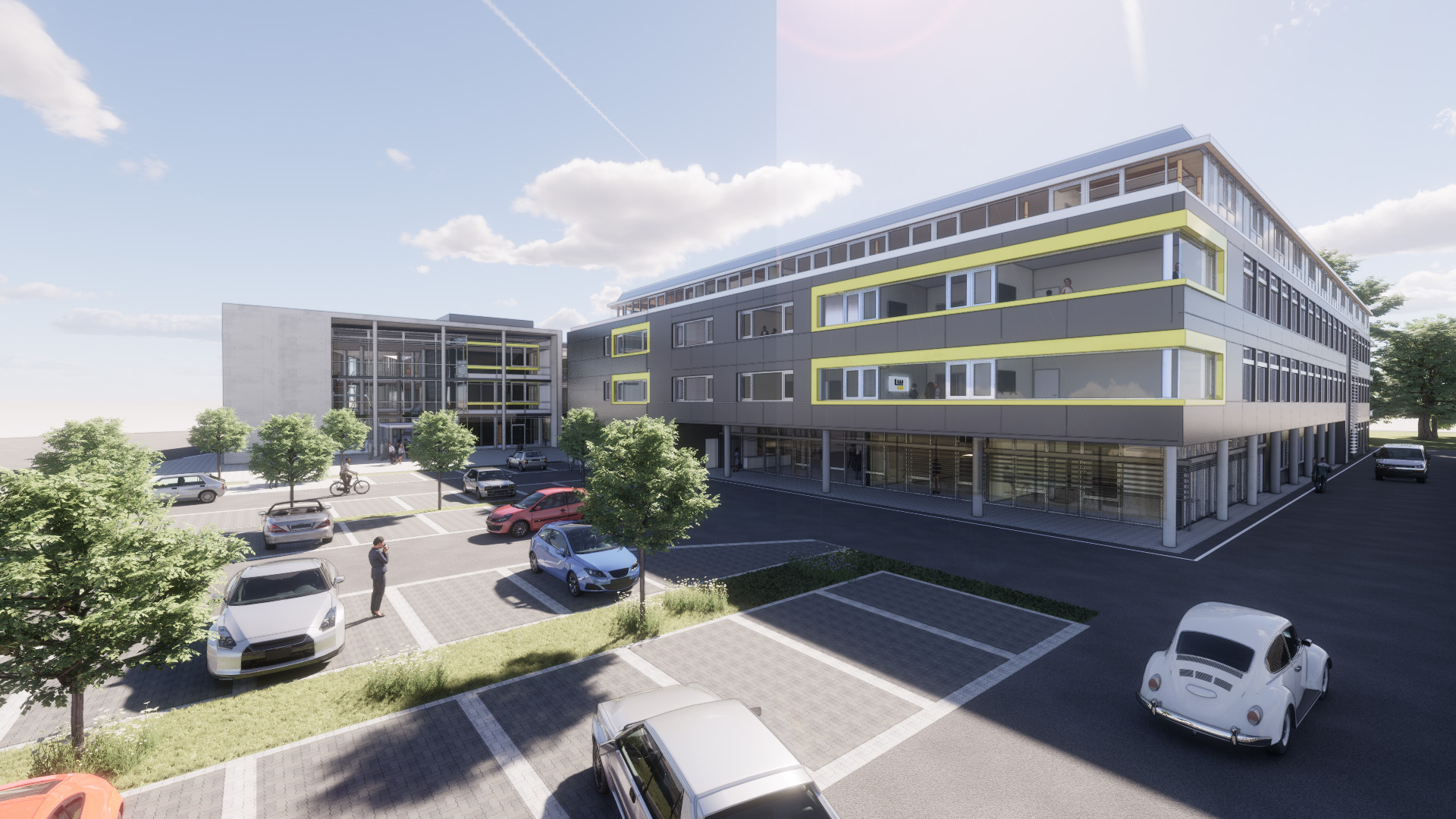 Moderne Architekturvisualisierung eines neuen Bürogebäudes mit grauen Fassaden und gelben Akzenten. Vor dem Gebäude befinden sich ein Parkplatz mit Autos, Bäumen und Gehwegen. Der Entwurf vermittelt Offenheit, Funktionalität und einen zukunftsorientierten Unternehmensstandort.