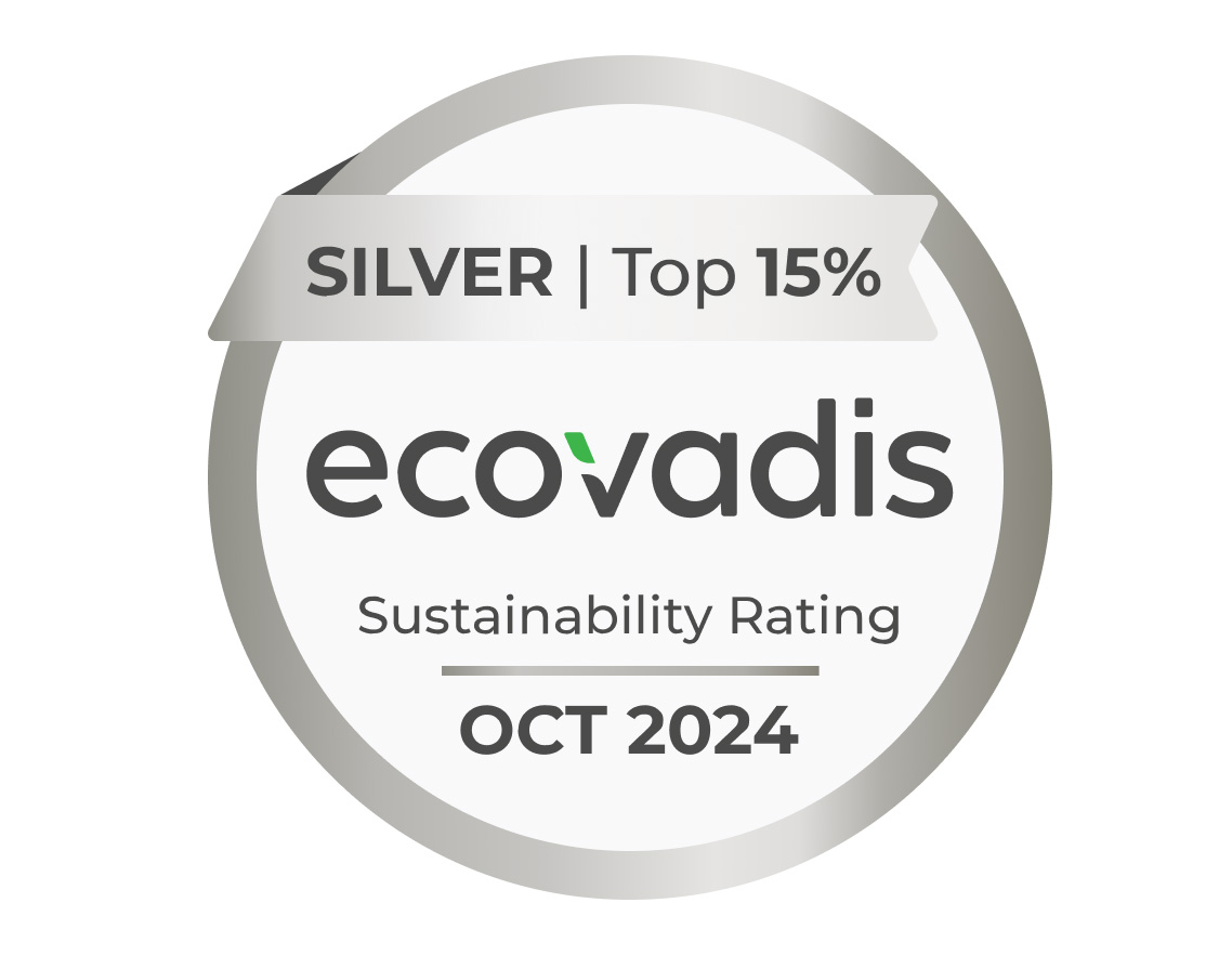 Ein Auszeichnungssiegel von EcoVadis, das den Silberstatus für Nachhaltigkeit und die Top 15% hervorhebt.