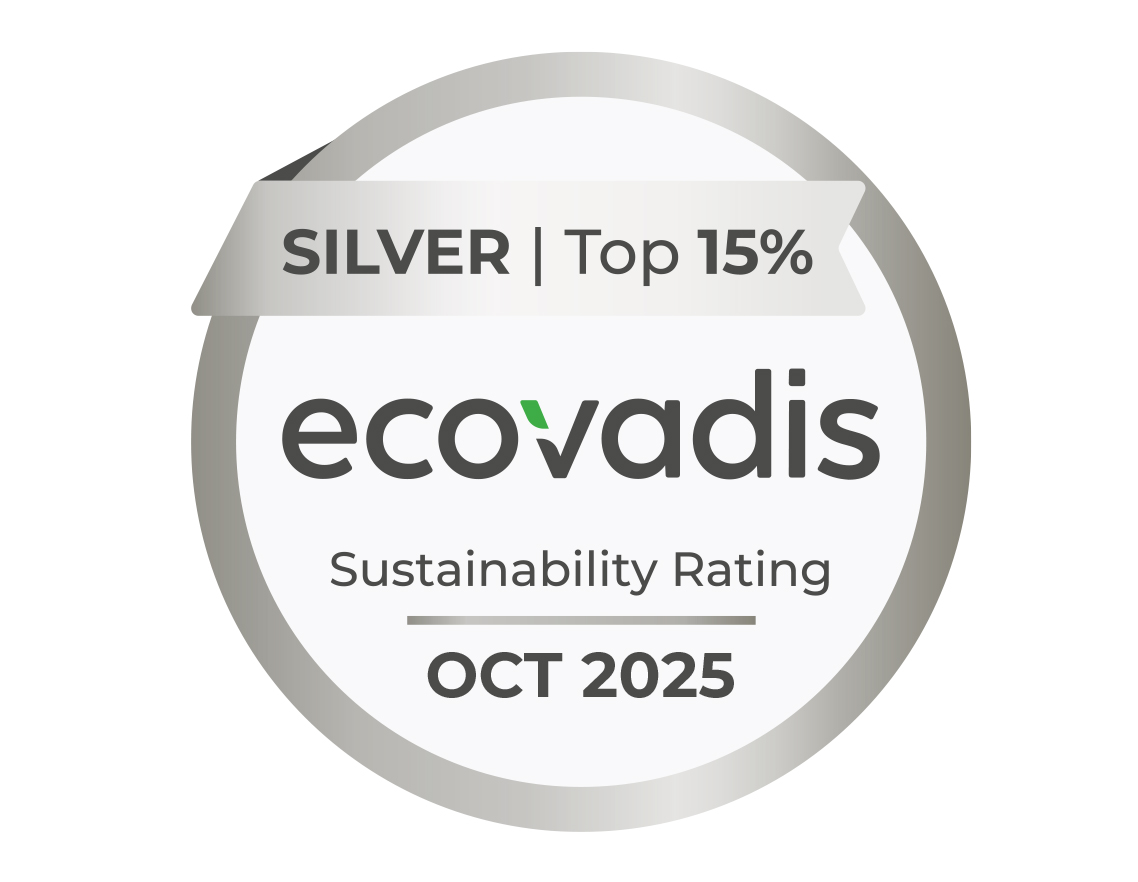 Ein Auszeichnungssiegel von EcoVadis, das den Silberstatus für Nachhaltigkeit und die Top 15% hervorhebt.