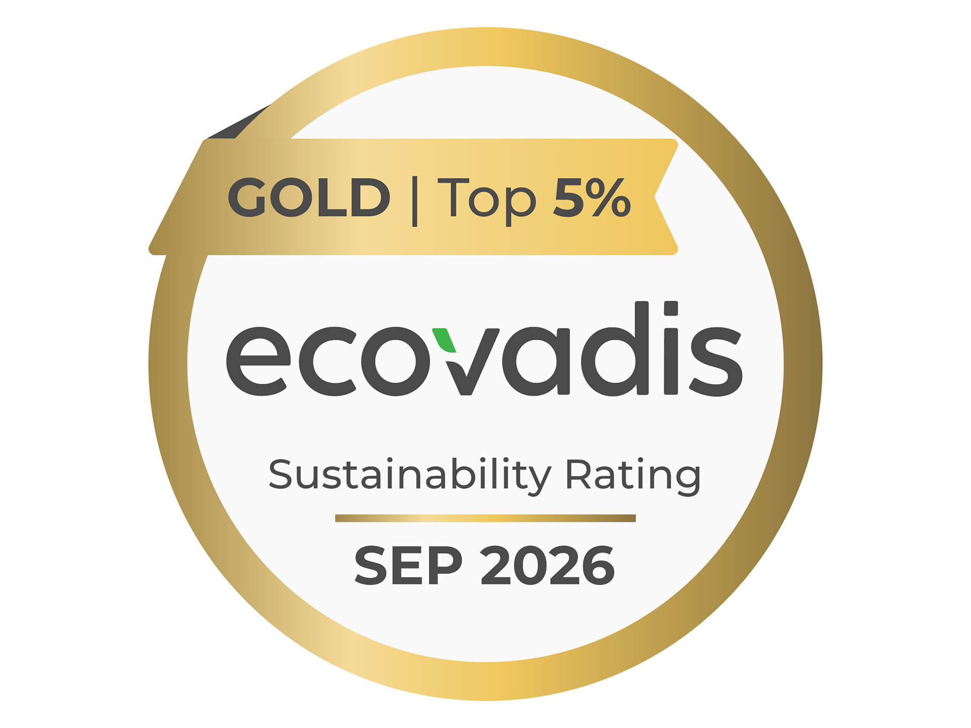 Ein Auszeichnungssiegel von EcoVadis, das den Goldstatus für Nachhaltigkeit und die Top 5% hervorhebt.