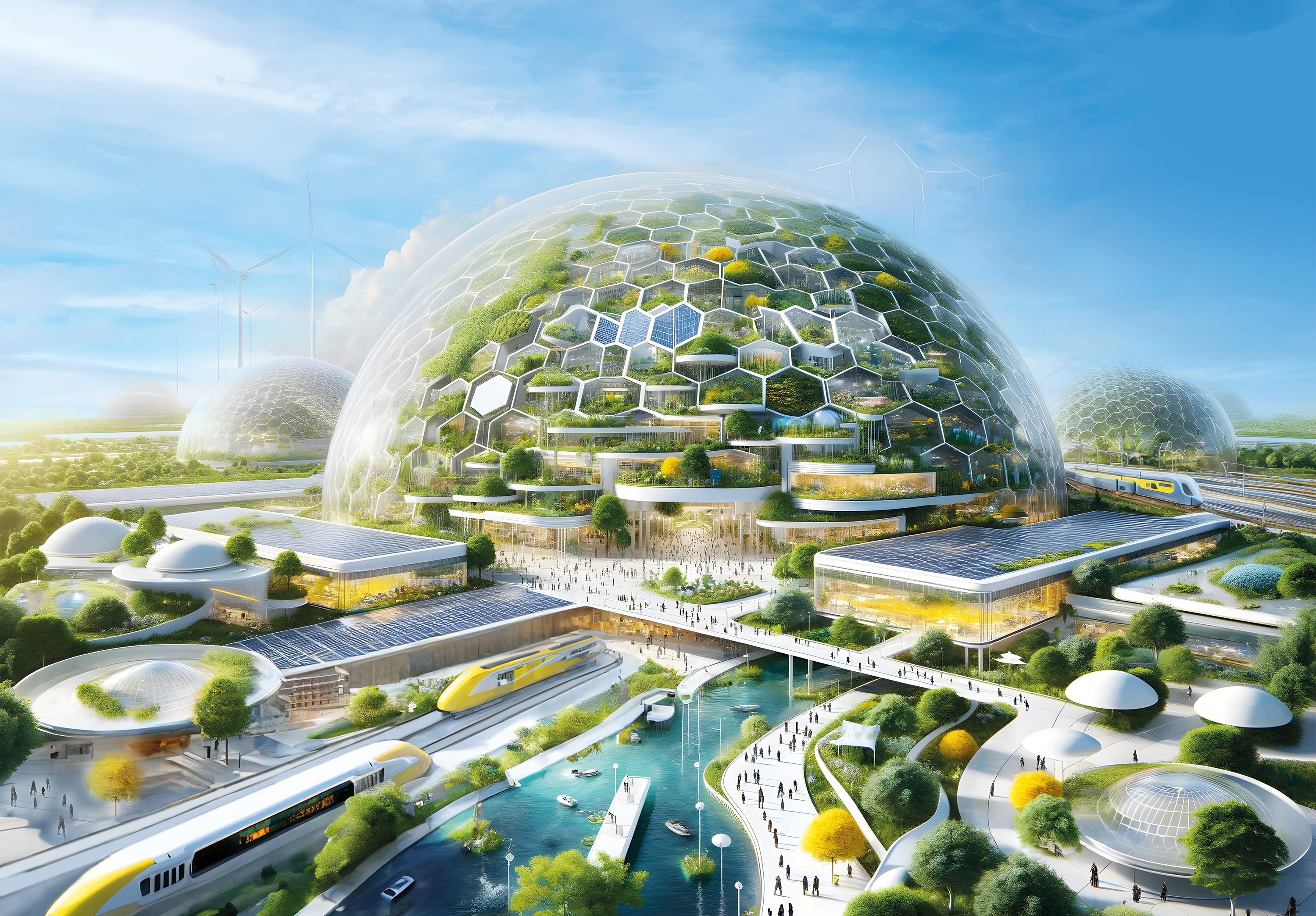 Eine futuristische Stadtlandschaft mit gewaltigen, bienenwabenförmigen Kuppeln, umgeben von üppigem Grün und modernen Gebäuden.