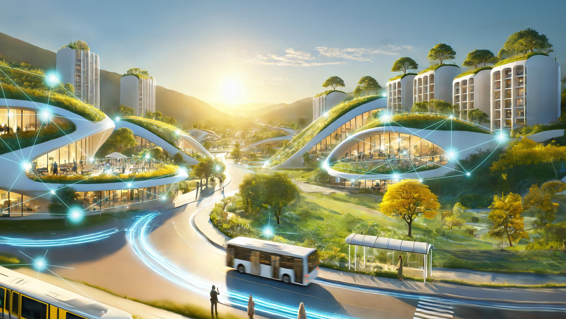 Scene of a futuristic cityscape shows a busy street with modern means of transport and a picturesque backdrop of hills and trees.