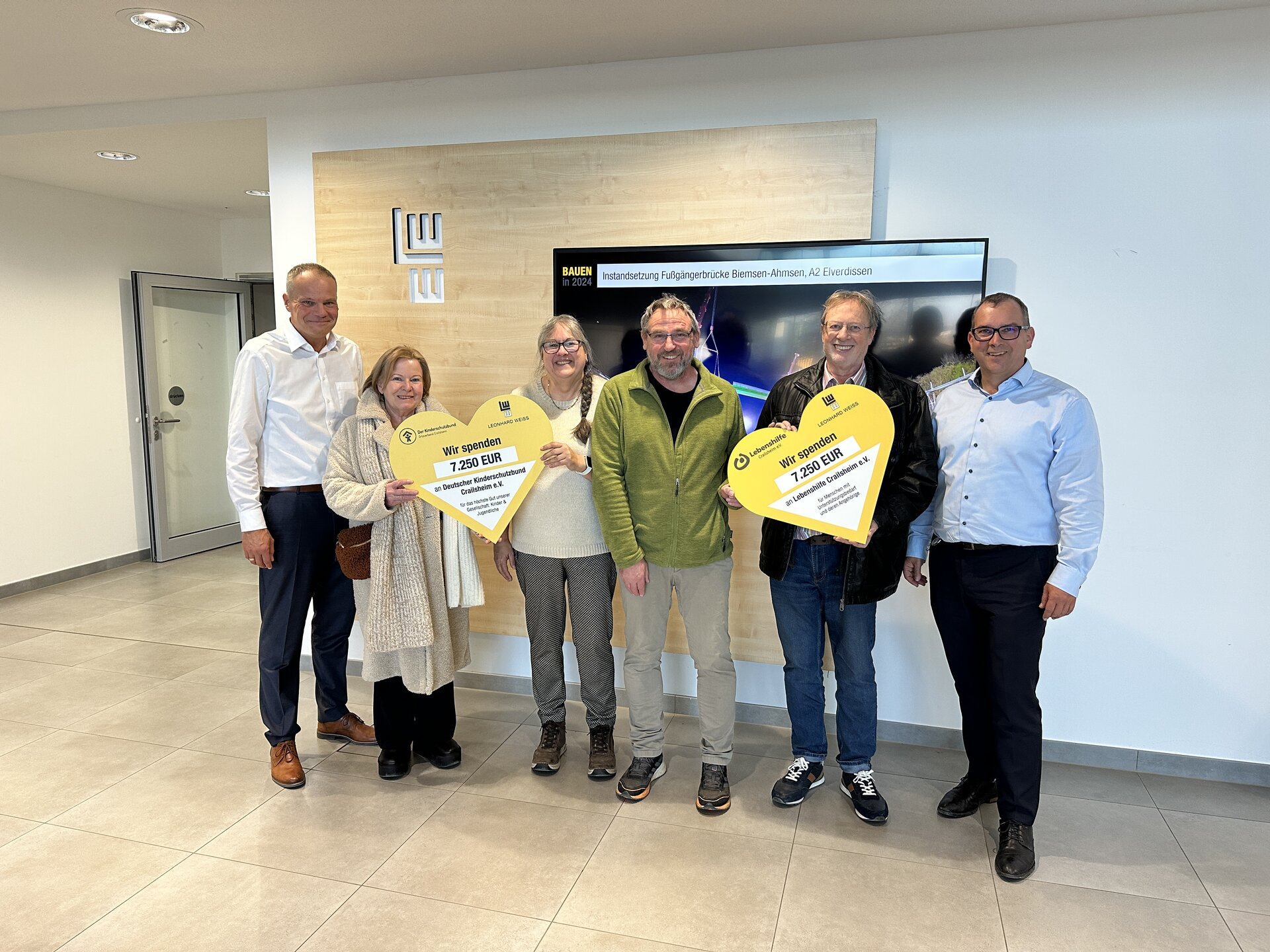 Sechs Personen die Spenden Schecks in der Hand halten. 