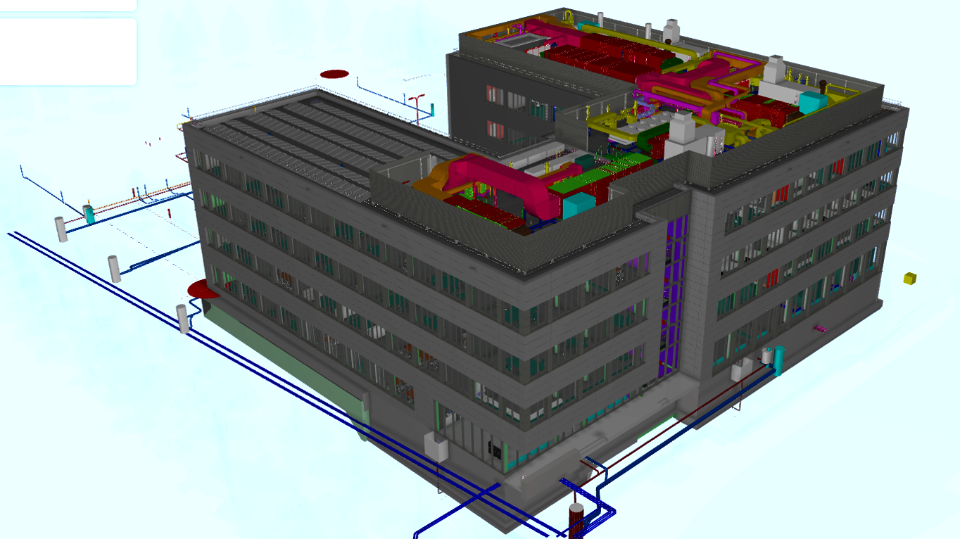 3D-BIM-Modell eines mehrstöckigen Bürogebäudes. Das graue Gebäude ist vollständig modelliert, auf dem Dach und in Technikbereichen sind farblich hervorgehobene Leitungen und Anlagen der technischen Gebäudeausrüstung wie Lüftung, Heizung und Elektroinstallationen sichtbar.