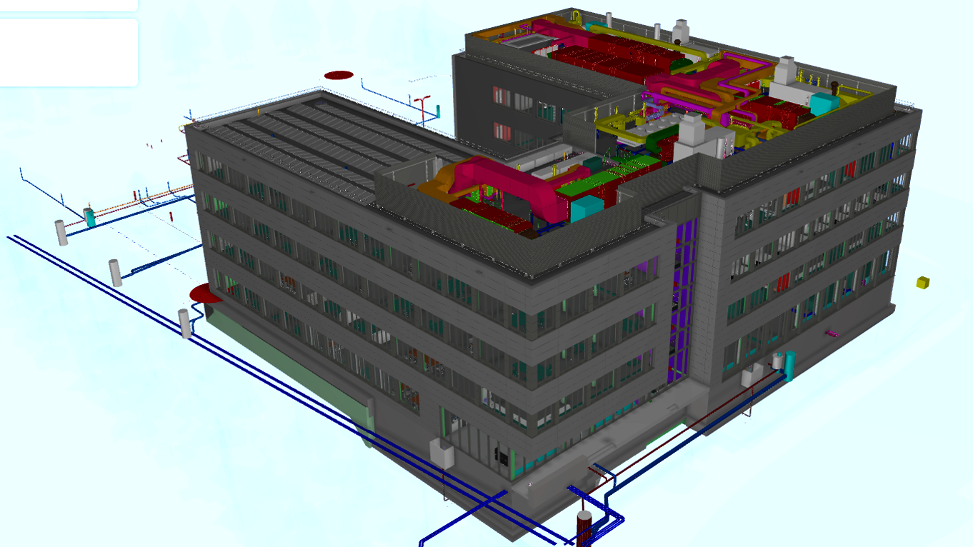 3D-BIM-Modell eines mehrstöckigen Bürogebäudes. Das graue Gebäude ist vollständig modelliert, auf dem Dach und in Technikbereichen sind farblich hervorgehobene Leitungen und Anlagen der technischen Gebäudeausrüstung wie Lüftung, Heizung und Elektroinstallationen sichtbar.