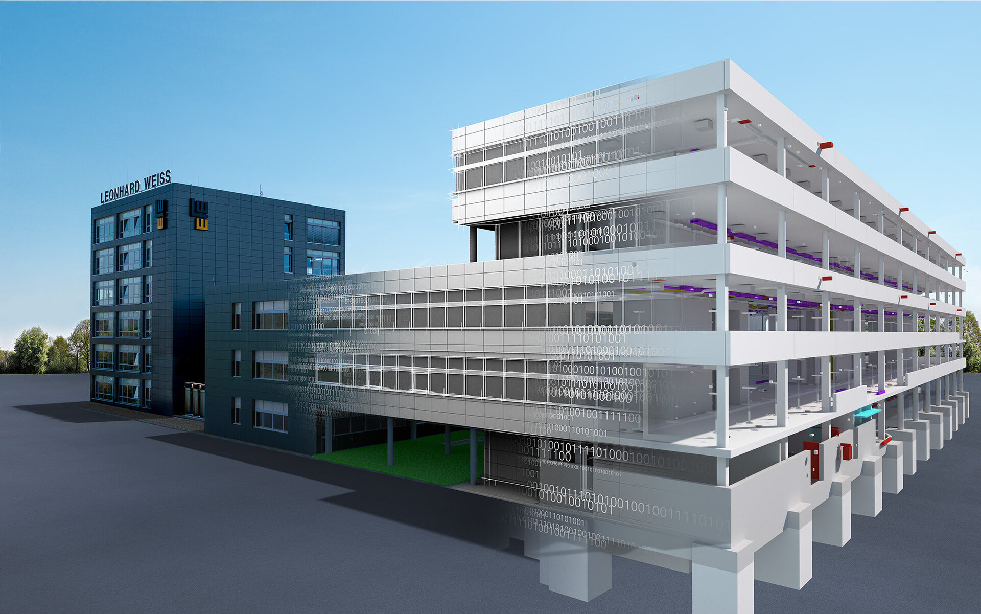 Visualisierung eines Bürogebäudes von LEONHARD WEISS. Links das bestehende Verwaltungsgebäude, rechts ein digital dargestellter Neubau mit teilweise transparenten und binär codierten Fassadenelementen, die den Planungs- und BIM-Charakter verdeutlichen.