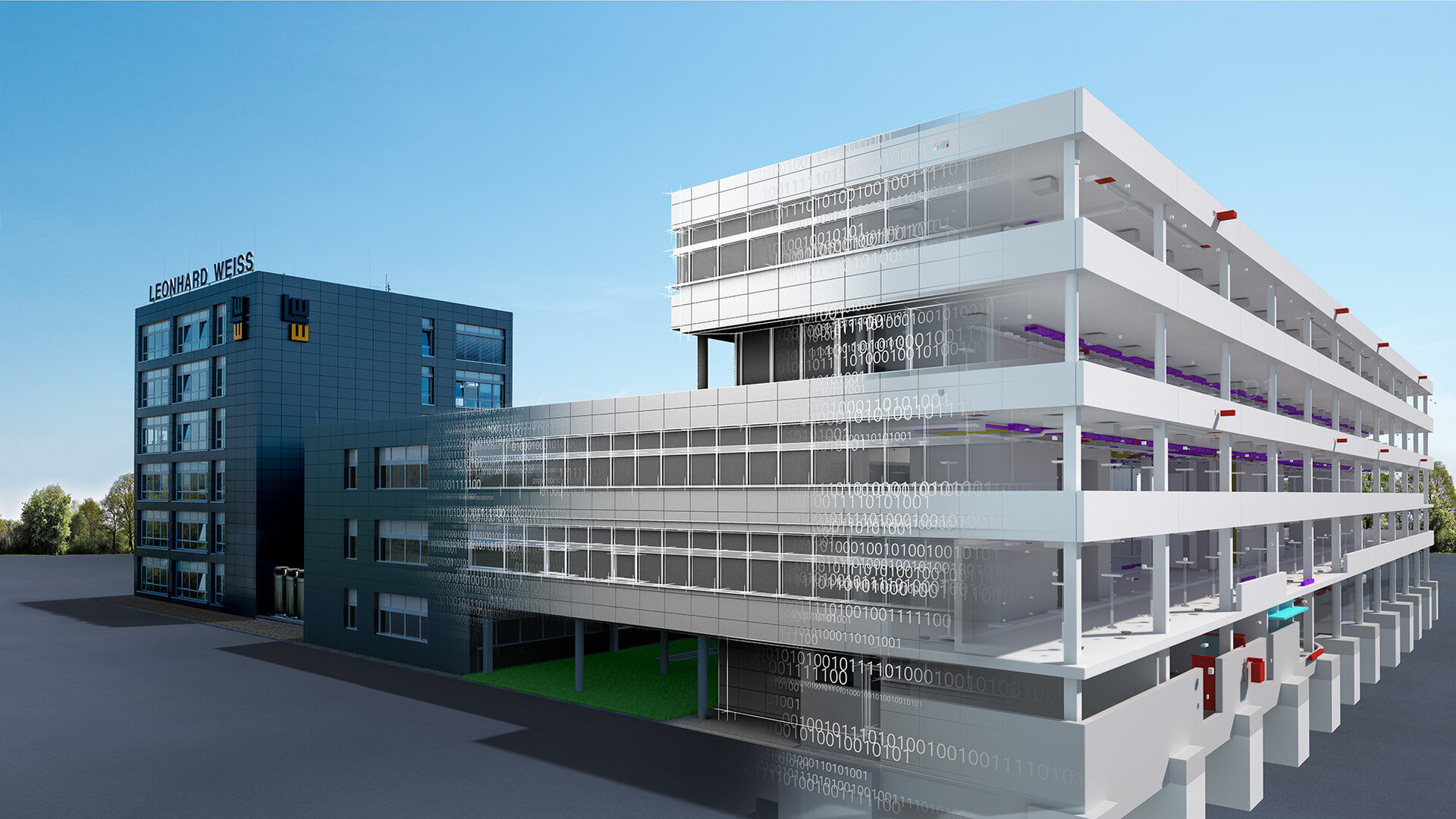 Visualisierung eines Bürogebäudes von Leonhard Weiss. Links das bestehende Verwaltungsgebäude, rechts ein digital dargestellter Neubau mit teilweise transparenten und binär codierten Fassadenelementen, die den Planungs- und BIM-Charakter verdeutlichen.