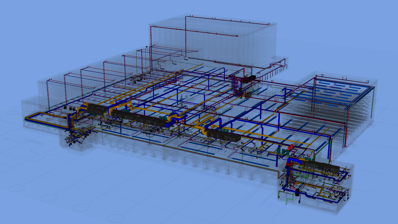 3D-BIM-Modell einer Industriehalle mit sichtbar dargestellten Leitungs- und Versorgungssystemen. Farbcodierte Rohre und Kanäle in Blau, Gelb und Rot zeigen die technische Gebäudeausrüstung innerhalb der transparent dargestellten Gebäudestruktur.