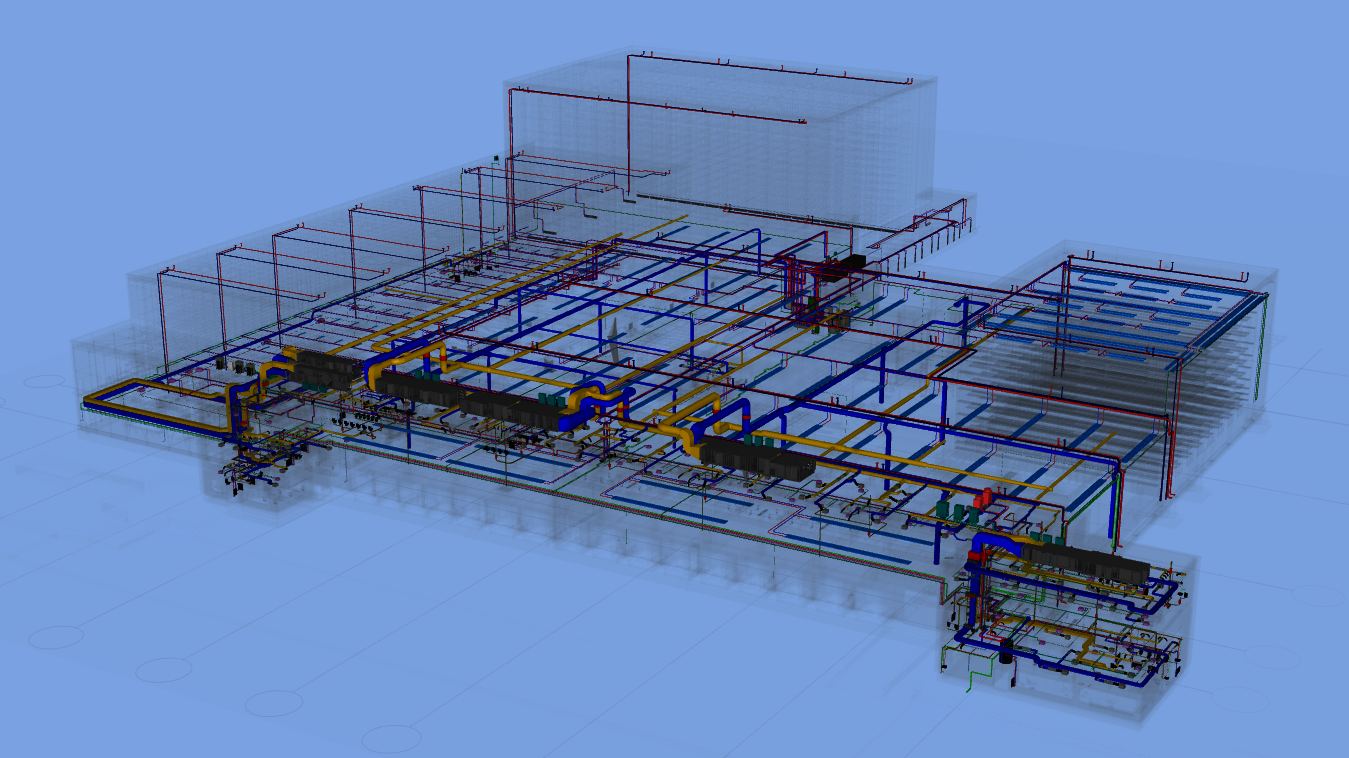 3D-BIM-Modell einer Industriehalle mit sichtbar dargestellten Leitungs- und Versorgungssystemen. Farbcodierte Rohre und Kanäle in Blau, Gelb und Rot zeigen die technische Gebäudeausrüstung innerhalb der transparent dargestellten Gebäudestruktur.