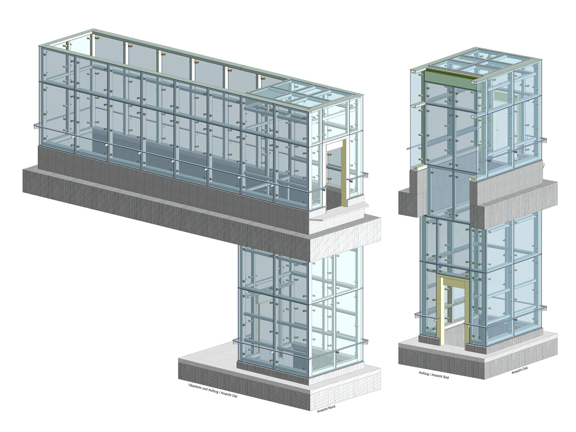 Das 3D-Modell zeigt zwei transparente Aufzugstürme, die durch eine breite Plattform verbunden sind.