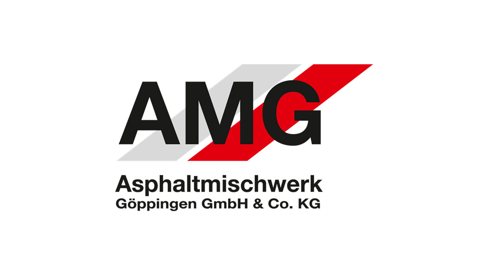 The AMG Asphaltmischwerk logo features bold black lettering against a background of diagonal red and grey lines.